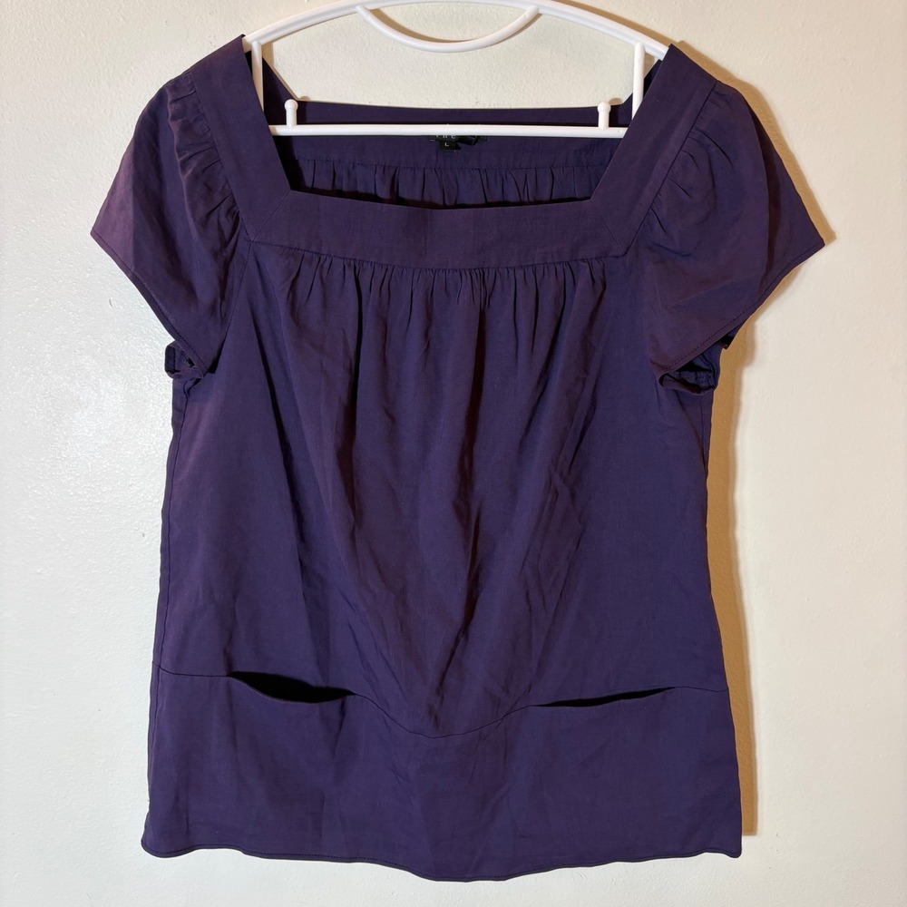 Theory Peria Purple Linen Blend Square Neck Cap Sleeve Blouse Size Large